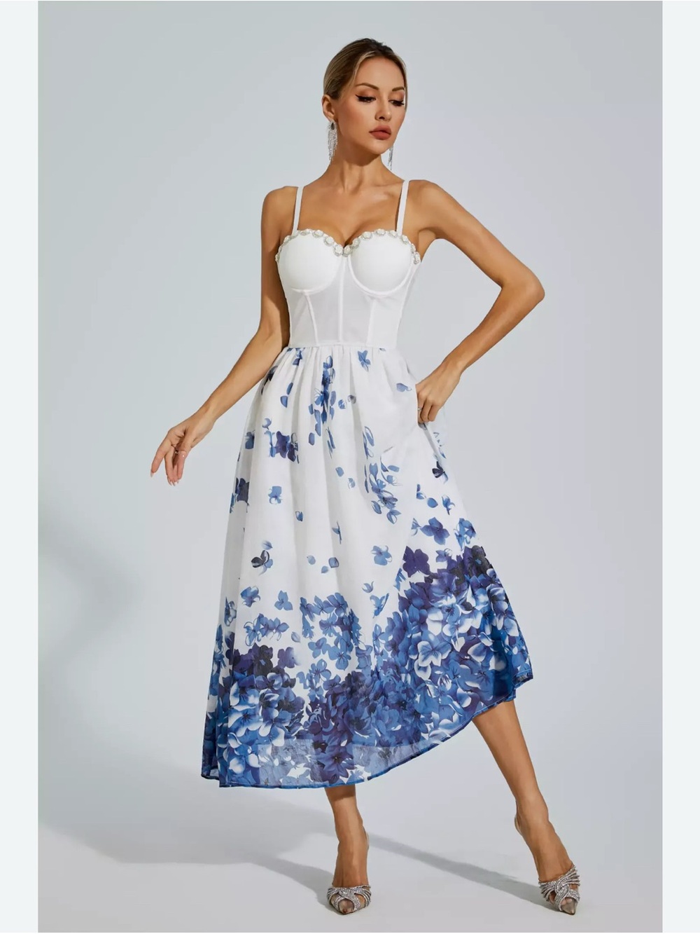White Bustier Midi Dress with Blue Floral Border